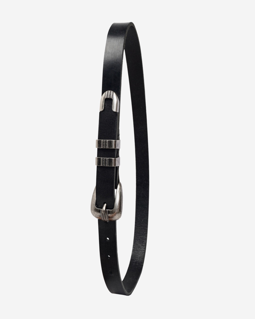 Black leather Western belt with silver buckle on a white background