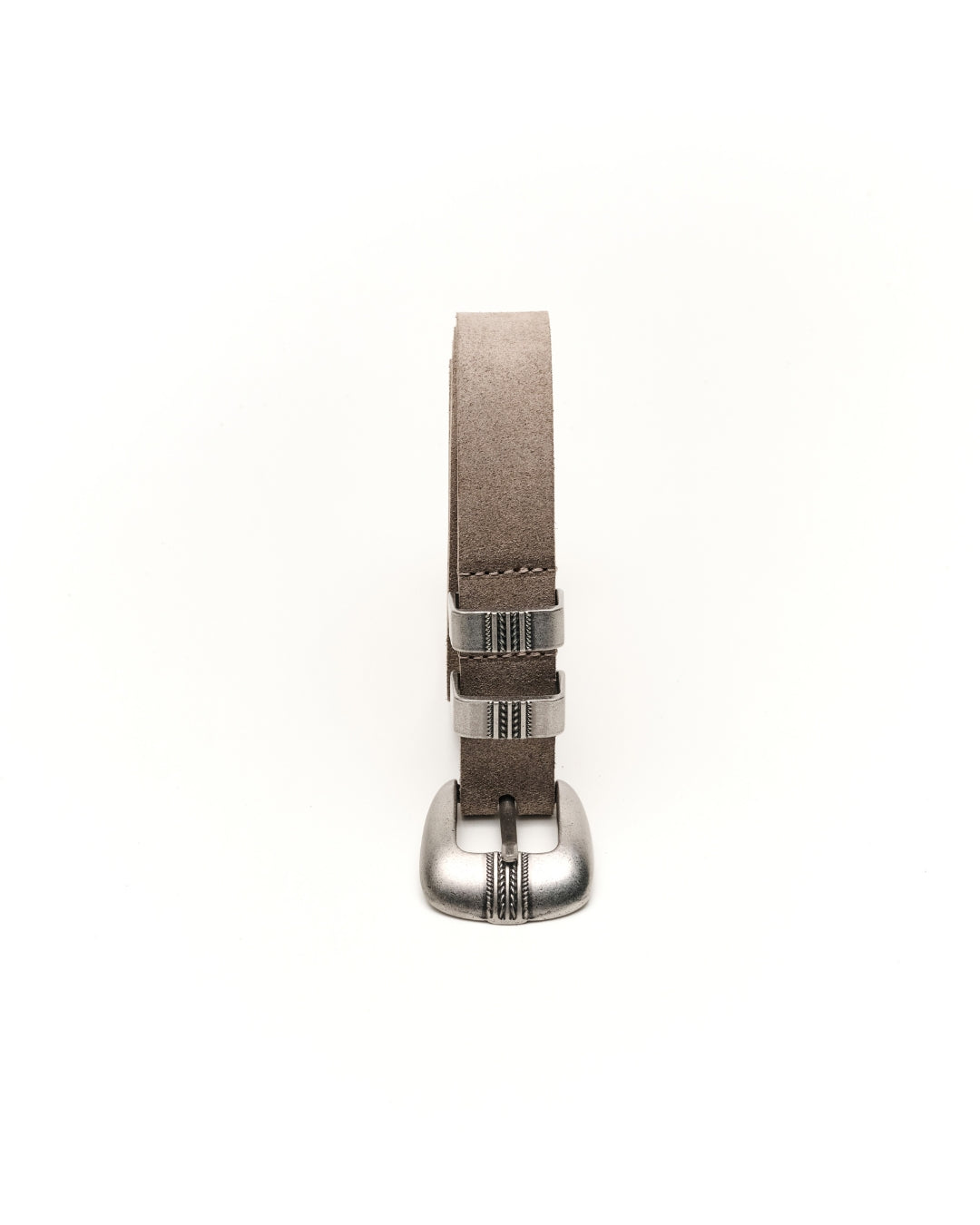 A close-up of a Western belt with a textured sand-grey leather and polished silver-tone metal hardware, shown vertically against a plain white background.