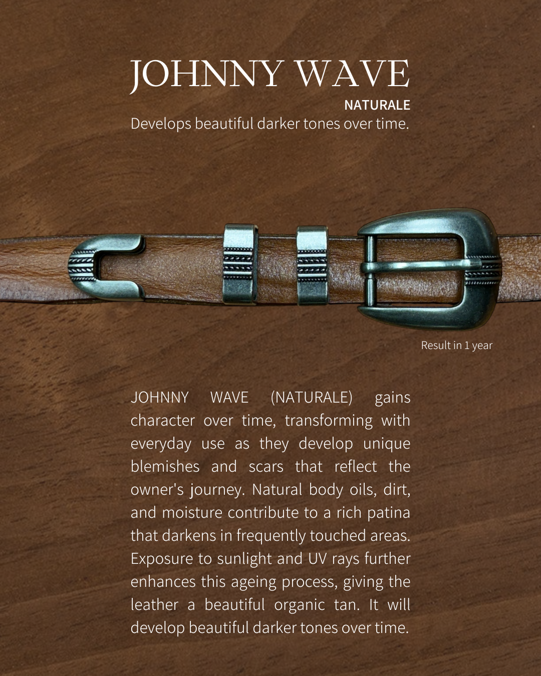 JOHNNY WAVE NATURALE, Western Belt, Cowboy belt, Italian Leather, Vegetable tanned, Italian Vachetta Leather, brown belt, four piece belt, KLDSCOPE, Kaleidoscope, front view, product photo, detials