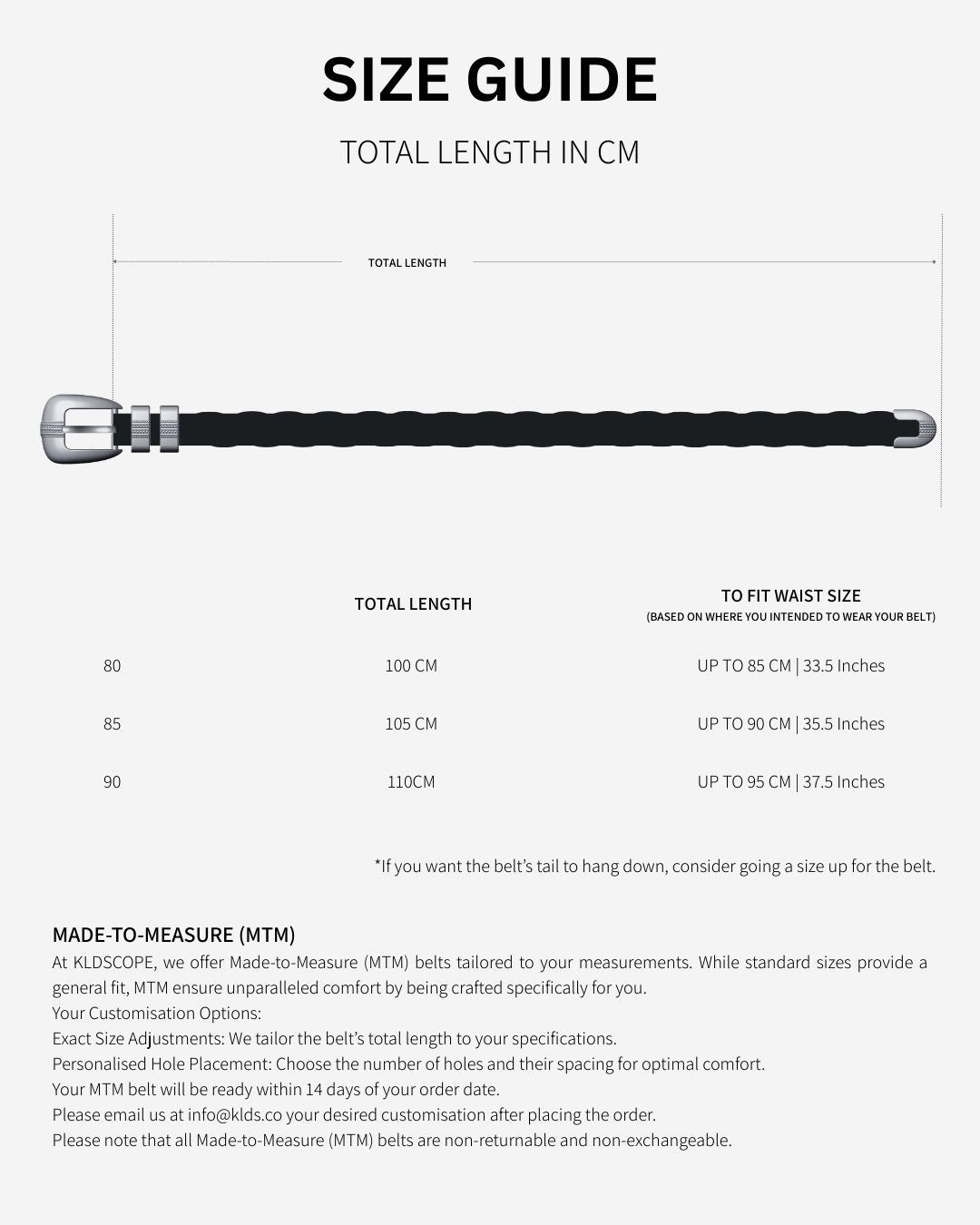 Size guide for a belt with measurements in centimeters and waist size range.