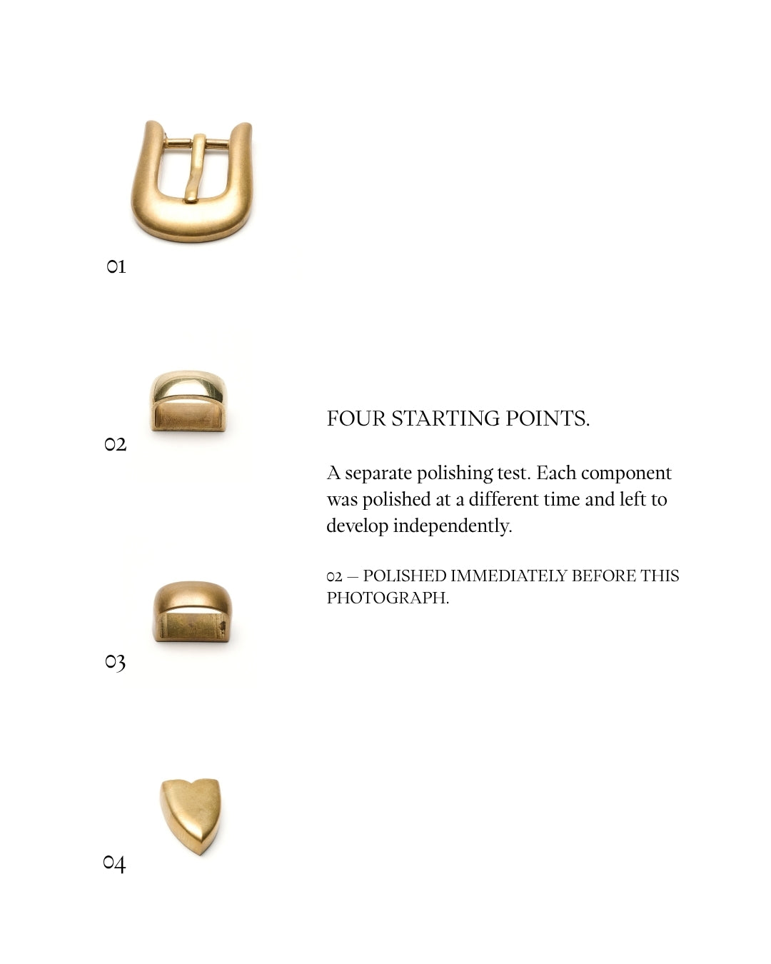 Four JOEY solid brass components polished at different times; component 02 was polished immediately before the photograph.