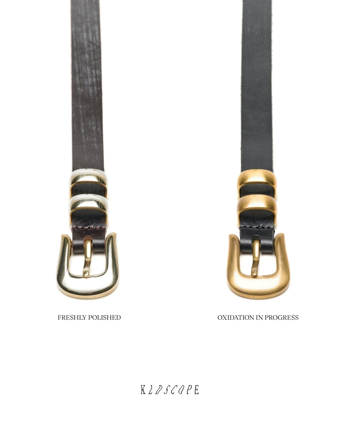 Freshly polished and naturally oxidised JOEY solid brass hardware, showing how the tone may shift before delivery.