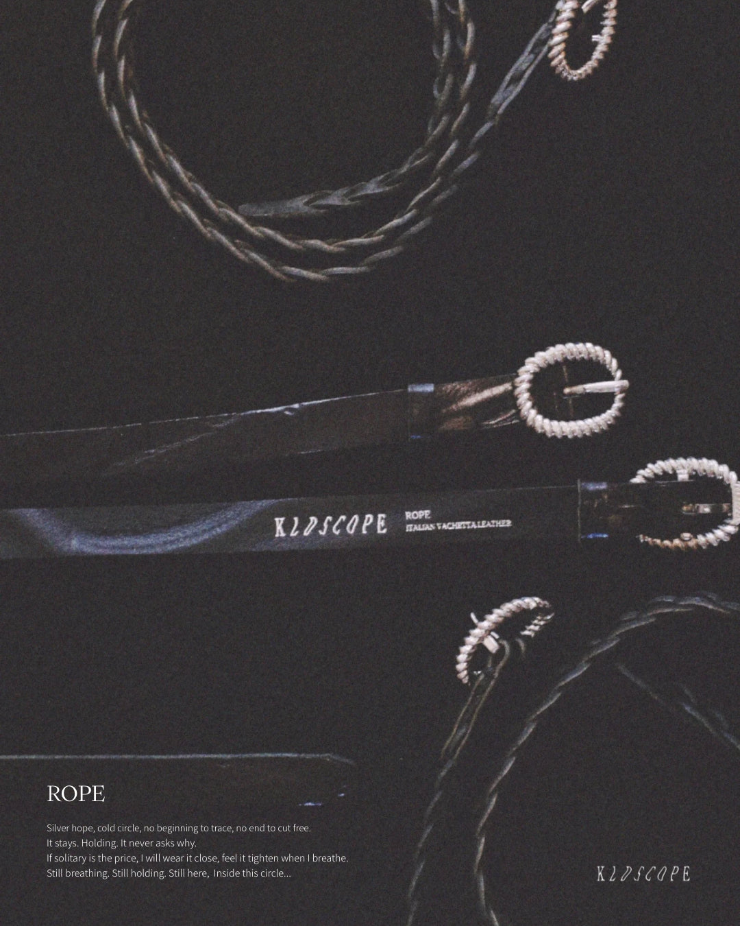 Close-up of belts with 'KLDSCOPE' branding on a dark background