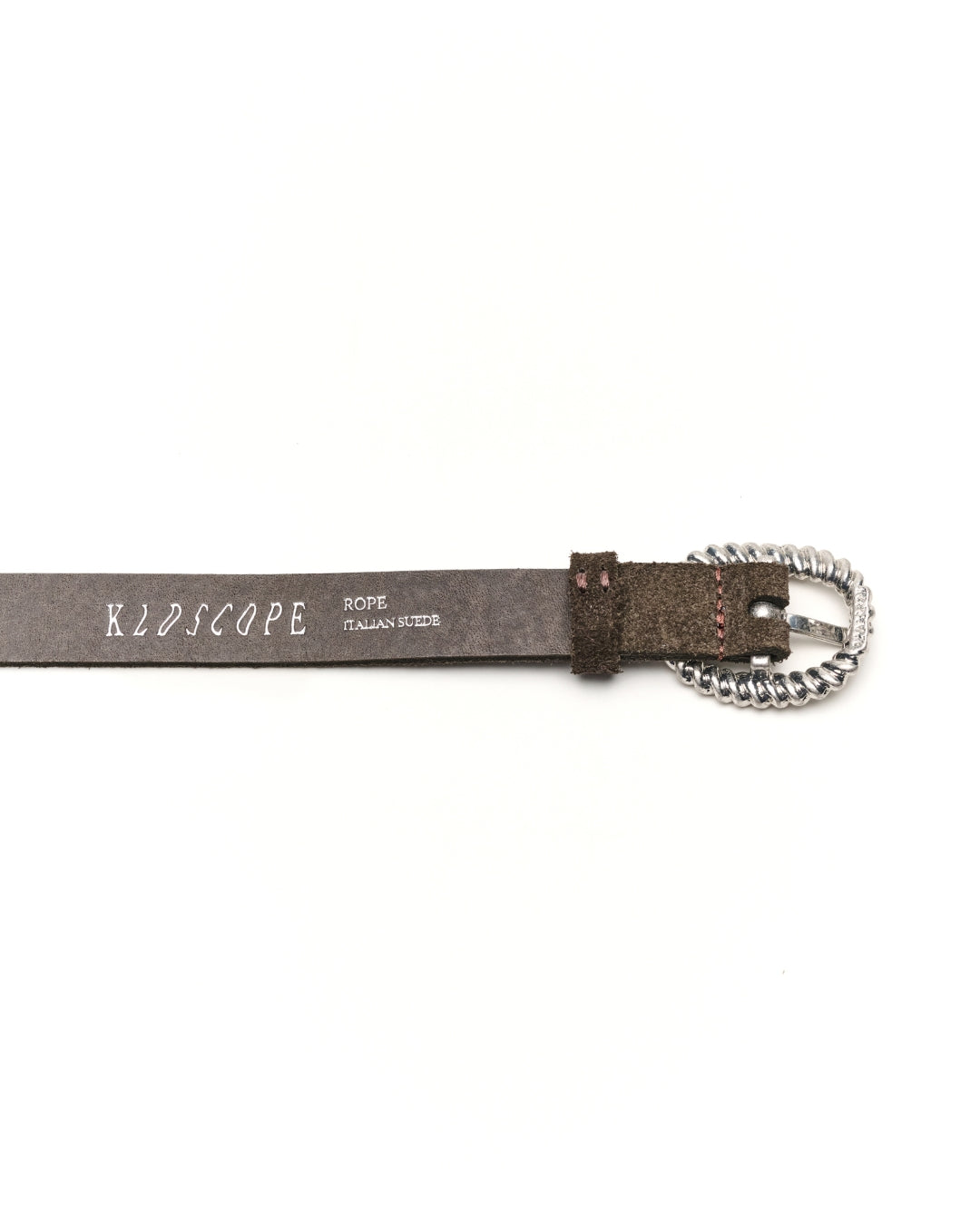 A close-up of a KLDSCOPE rope belt with a charcoal brown leather strap, silver-toned metal buckle, and a textured silver end cap, shown on a plain white background.