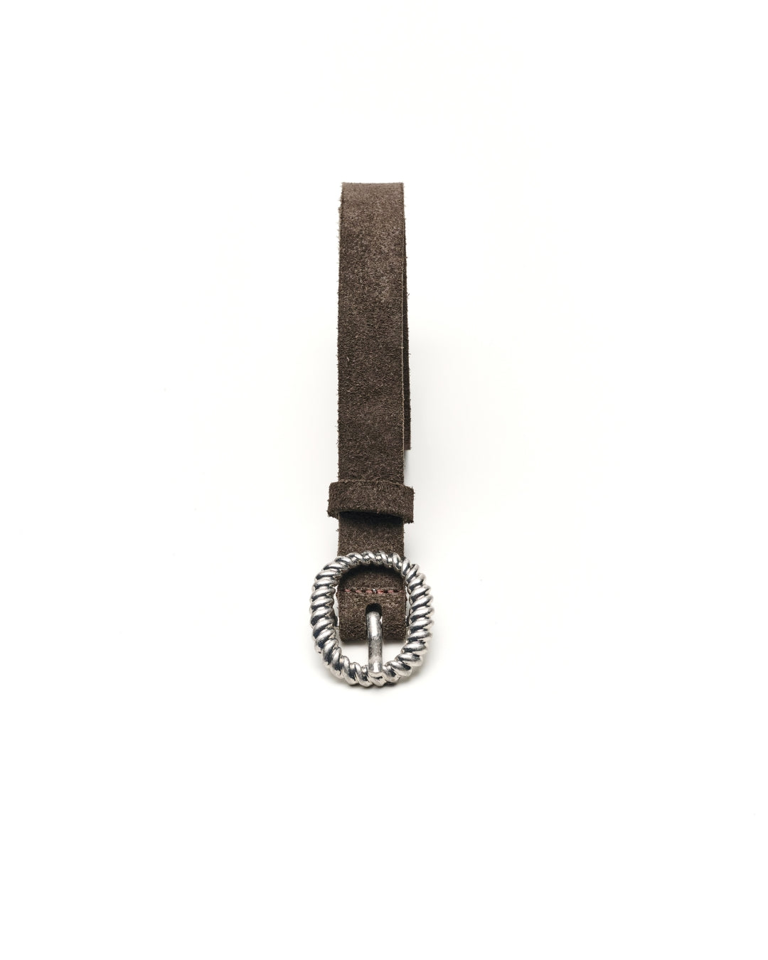 A charcoal brwon leather Western belt strap with a decorative silver-toned metal buckle, shown against a plain white background.