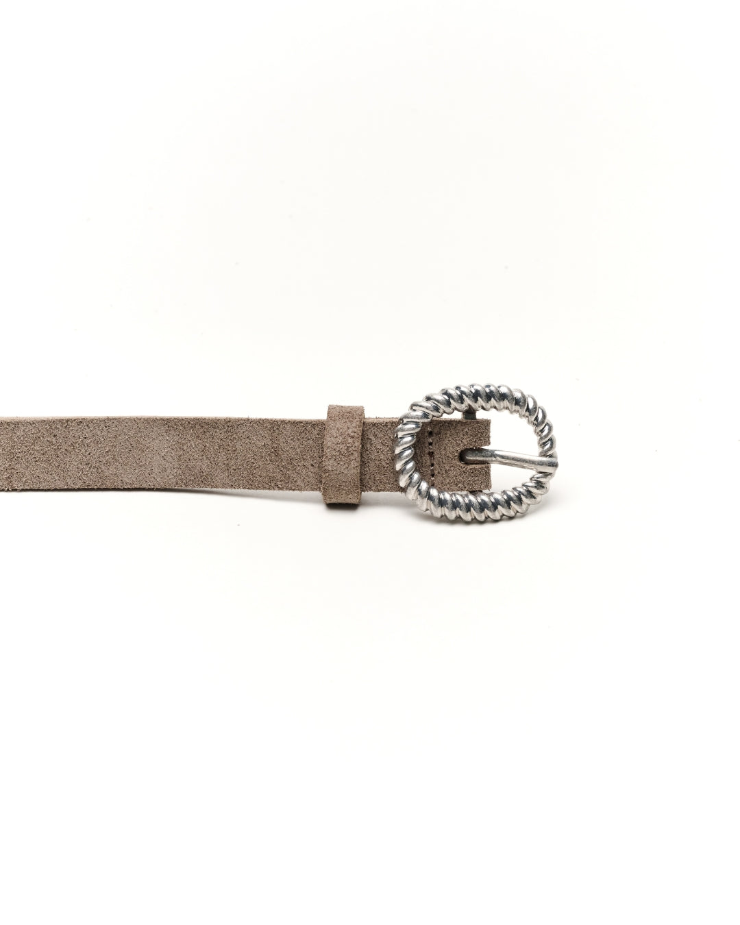 A sand grey suede belt with a textured silver twisted rope buckle, shown against a plain white background.