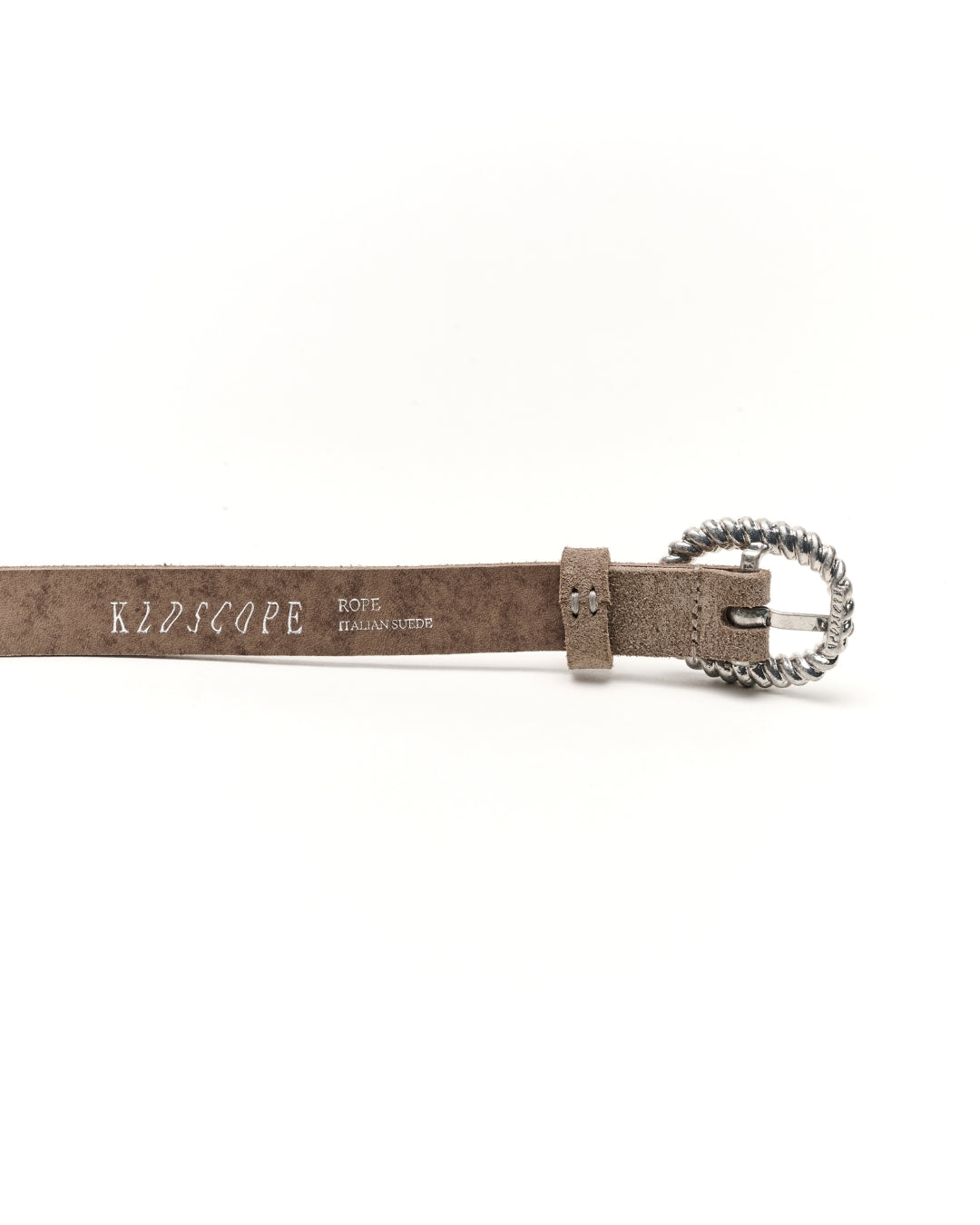 A sand-grey leather Western belt with a silver-toned twisted rope buckle, featuring the brand name 'KLDSCOPE' printed on the strap.