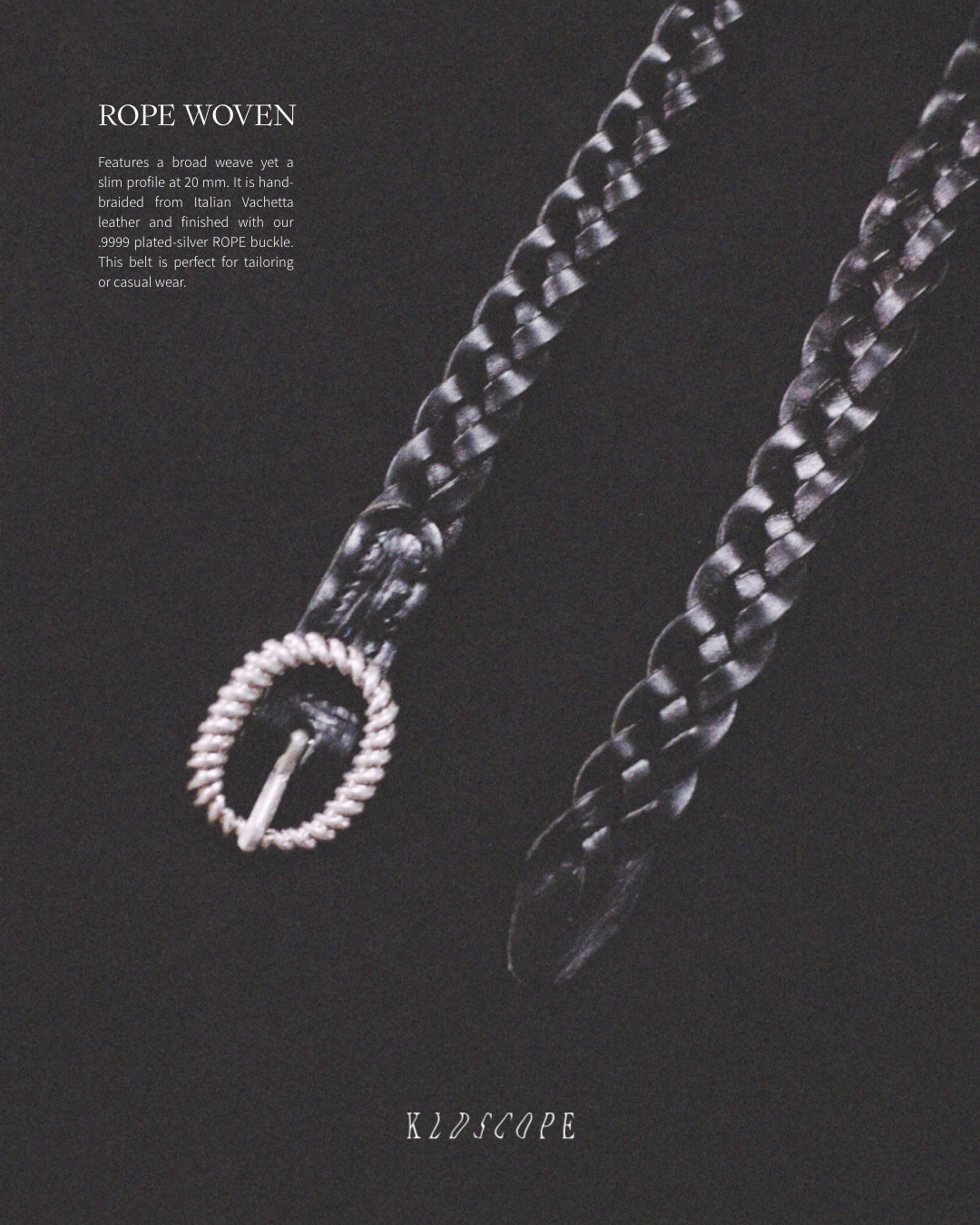 Rope woven belt with a buckle on a dark background, featuring the brand 'Kldscope'.