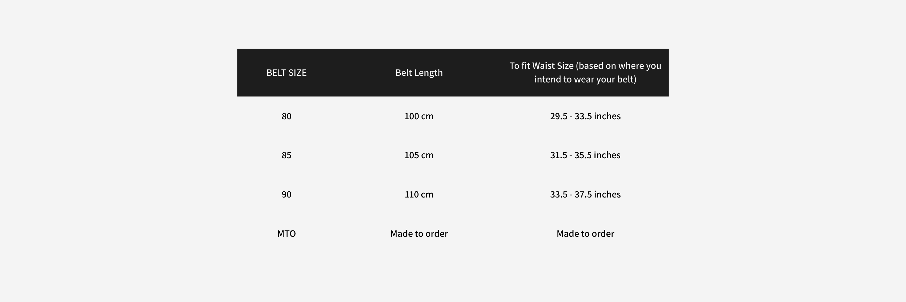 Belt size chart with belt length measurements on a white background